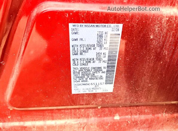 5N1DR2MN0HC651157 2017 NISSAN PATHFINDER Burgundy Vista de la etiqueta del VIN