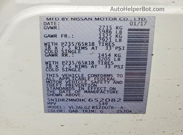 5N1DR2MN0HC652082 2017 NISSAN PATHFINDER White Вид наклейки з VIN-кодом