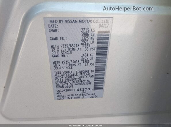 5N1DR2MN0HC683705 2017 NISSAN PATHFINDER Silver Вид підкапотного простору