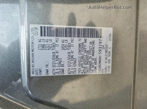 5N1DR2MN0KC593297 2019 NISSAN PATHFINDER Gray VIN კოდის სტიკერის ხედი