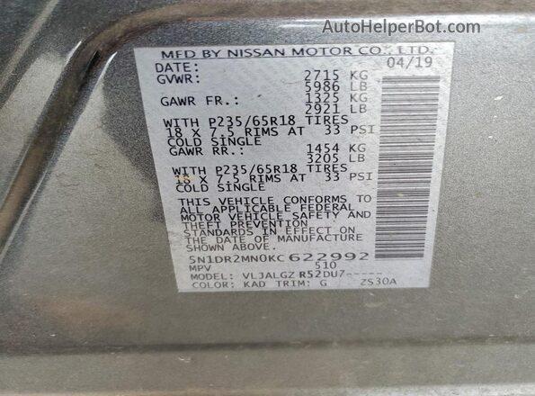 5N1DR2MN0KC622992 2019 NISSAN PATHFINDER Gray Widok naklejki z numerem VIN