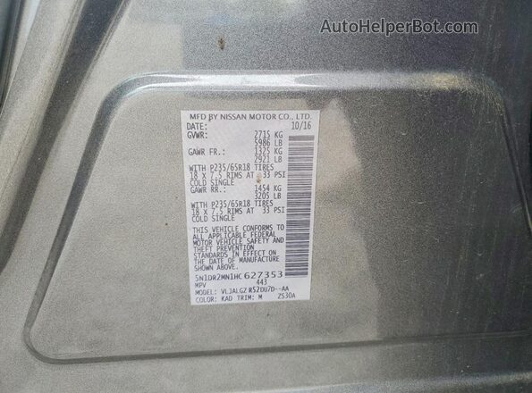 5N1DR2MN1HC627353 2017 NISSAN PATHFINDER Charcoal Widok naklejki z numerem VIN