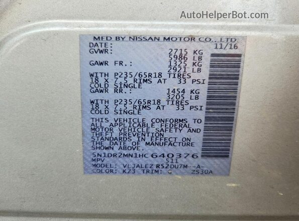 5N1DR2MN1HC640376 2017 NISSAN PATHFINDER Silver VIN sticker view