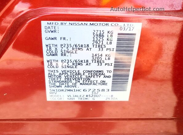 5N1DR2MN1HC672583 2017 NISSAN PATHFINDER Red VIN sticker view