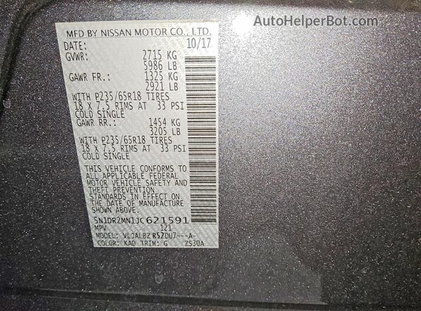 5N1DR2MN1JC621591 2018 NISSAN PATHFINDER Серебряный Вид наклейки с VIN-кодом