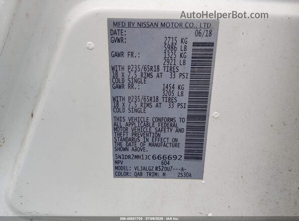 5N1DR2MN1JC666692 2018 NISSAN PATHFINDER White Вид підкапотного простору