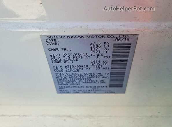 5N1DR2MN1JC668894 2018 NISSAN PATHFINDER White Vista de la etiqueta del VIN