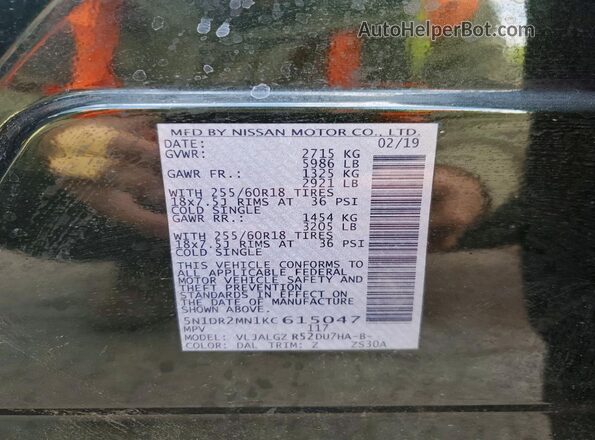 5N1DR2MN1KC615047 2019 NISSAN PATHFINDER Green VIN կոդի պիտակի տեսք