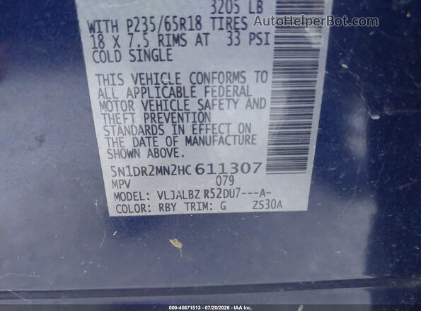 5N1DR2MN2HC611307 2017 NISSAN PATHFINDER Blue Widok komory silnika