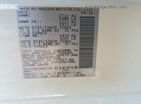 5N1DR2MN2HC616958 2017 NISSAN PATHFINDER White VIN կոդի պիտակի տեսք