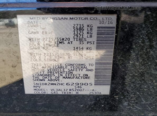 5N1DR2MN2HC629905 2017 NISSAN PATHFINDER Black Вид наклейки з VIN-кодом