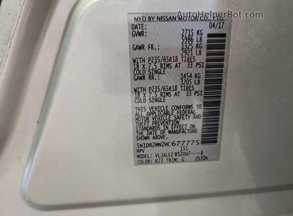 5N1DR2MN2HC677775 2017 NISSAN PATHFINDER Серебряный Вид наклейки с VIN-кодом