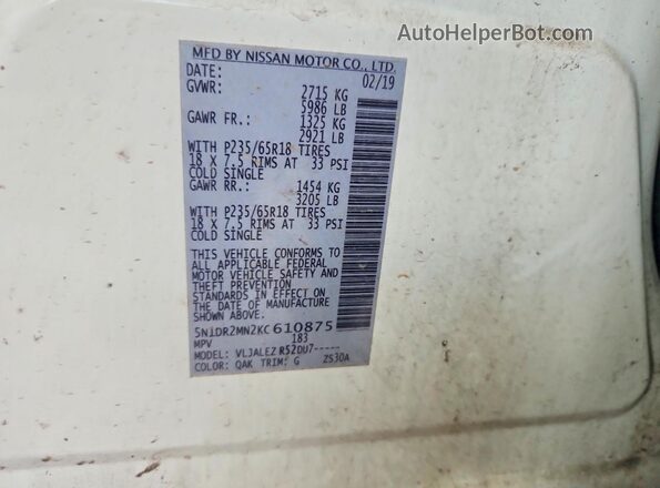 5N1DR2MN2KC610875 2019 NISSAN PATHFINDER White VIN sticker view