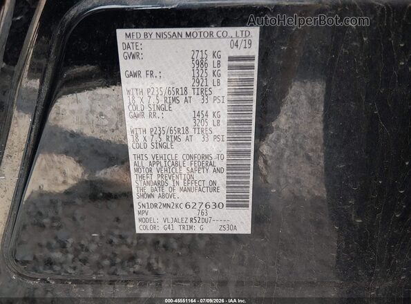 5N1DR2MN2KC627630 2019 NISSAN PATHFINDER Black Engine compartment view
