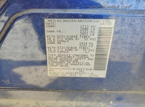 5N1DR2MN2KC630768 2019 NISSAN PATHFINDER Blue VIN კოდის სტიკერის ხედი