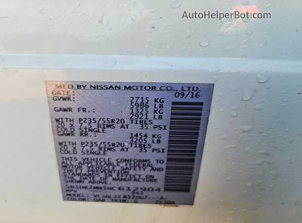 5N1DR2MN3HC612904 2017 NISSAN PATHFINDER White VIN კოდის სტიკერის ხედი