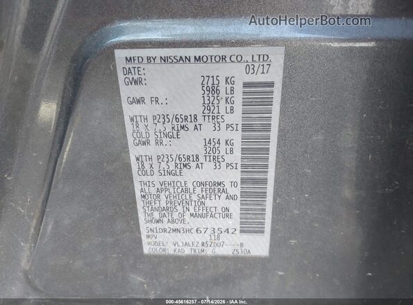 5N1DR2MN3HC673542 2017 NISSAN PATHFINDER Gray Engine compartment view