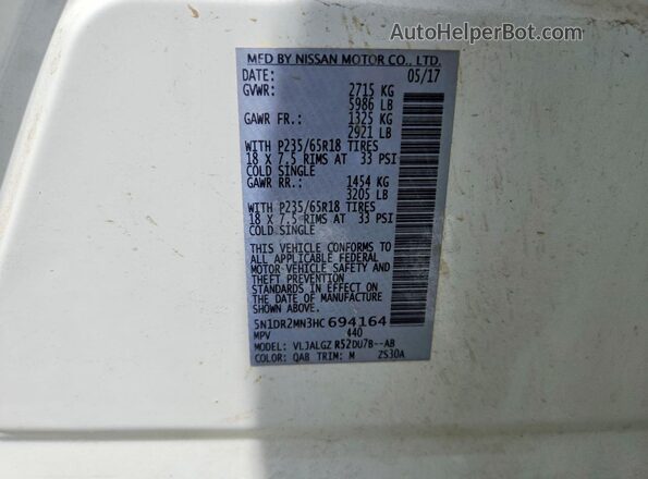 5N1DR2MN3HC694164 2017 NISSAN PATHFINDER Белый Панорамный вид салона 360°