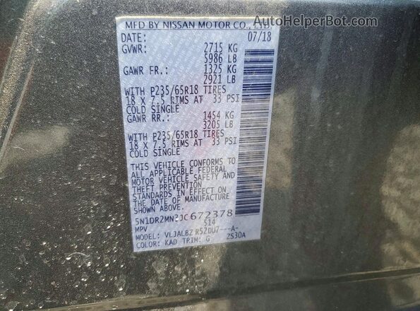 5N1DR2MN3JC672378 2018 NISSAN PATHFINDER Gray Widok naklejki z numerem VIN