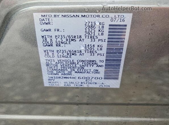 5N1DR2MN4HC600700 2017 NISSAN PATHFINDER Gray Widok wnętrza 360 stopni