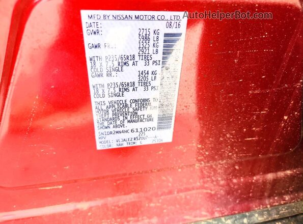 5N1DR2MN4HC611020 2017 NISSAN PATHFINDER Burgundy Vista de la etiqueta del VIN