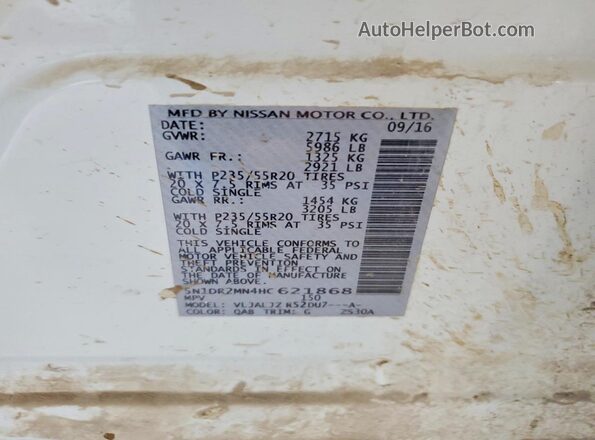5N1DR2MN4HC621868 2017 NISSAN PATHFINDER White Вид наклейки з VIN-кодом