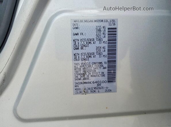 5N1DR2MN4HC640100 2017 NISSAN PATHFINDER Silver Vista de la etiqueta del VIN