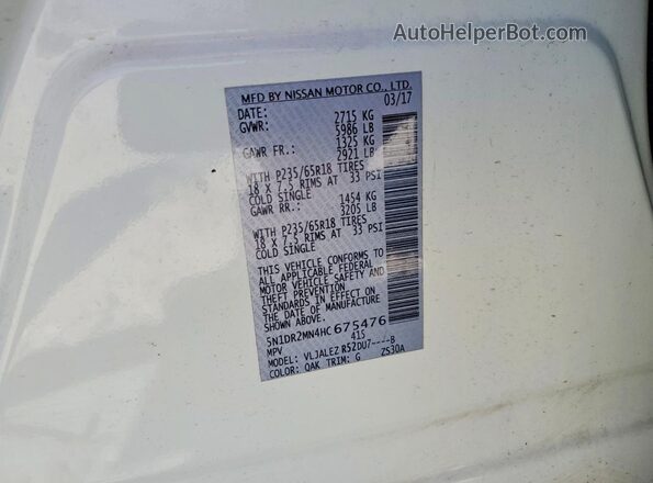 5N1DR2MN4HC675476 2017 NISSAN PATHFINDER White Вид наклейки з VIN-кодом