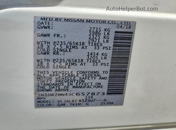 5N1DR2MN4JC657873 2018 NISSAN PATHFINDER White Engine compartment view