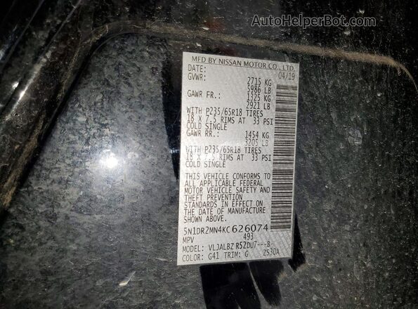 5N1DR2MN4KC626074 2019 NISSAN PATHFINDER Black Widok komory silnika