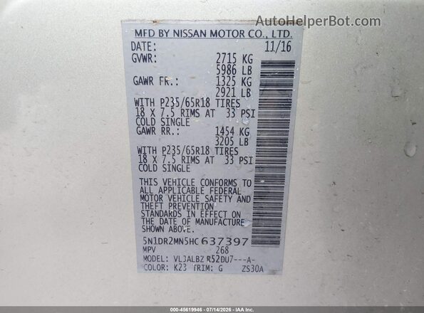 5N1DR2MN5HC637397 2017 NISSAN PATHFINDER Silver Vista del compartimento del motor