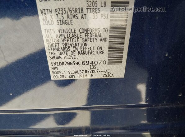 5N1DR2MN5HC694070 2017 NISSAN PATHFINDER Blue Widok komory silnika