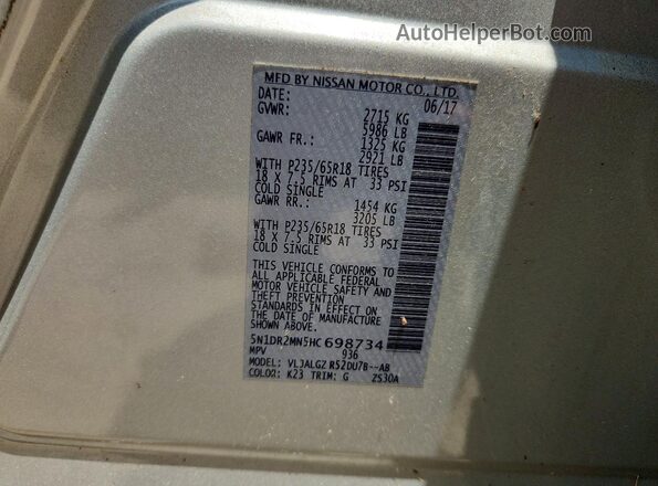 5N1DR2MN5HC698734 2017 NISSAN PATHFINDER Серебряный Вид наклейки с VIN-кодом