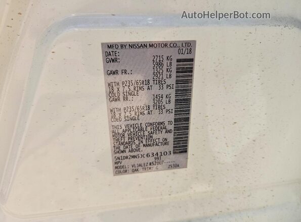 5N1DR2MN5JC634103 2018 NISSAN PATHFINDER White Սալոնի 360 աստիճան տեսք
