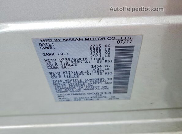 5N1DR2MN6HC906314 2017 NISSAN PATHFINDER Silver VIN sticker view