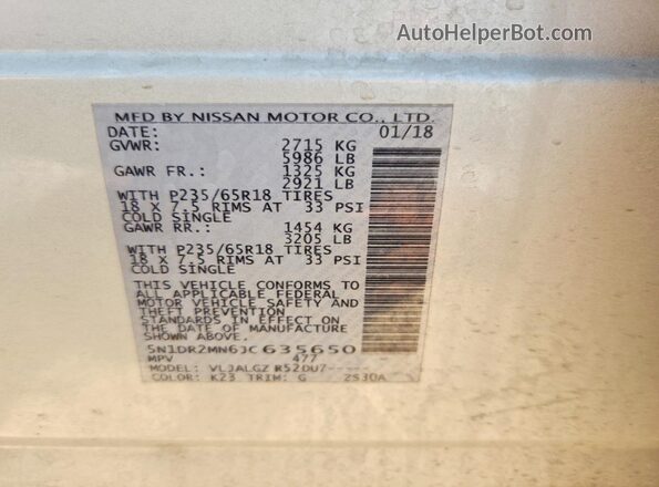 5N1DR2MN6JC635650 2018 NISSAN PATHFINDER Silver VIN կոդի պիտակի տեսք