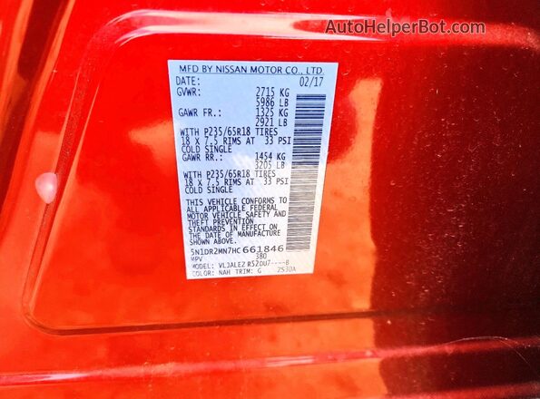 5N1DR2MN7HC661846 2017 NISSAN PATHFINDER Red Widok naklejki z numerem VIN