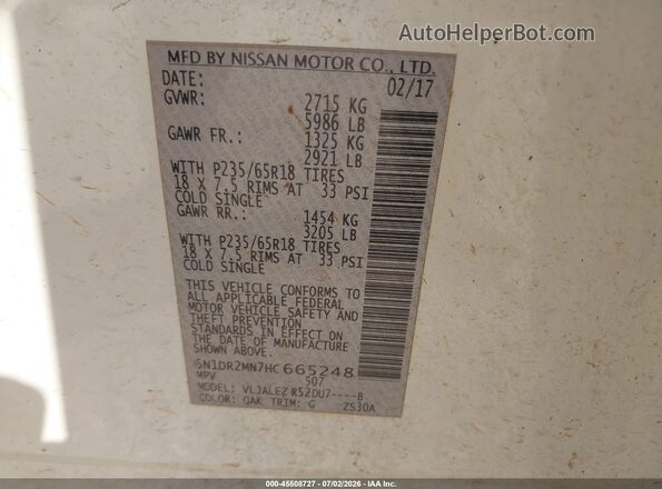 5N1DR2MN7HC665248 2017 NISSAN PATHFINDER White Engine compartment view