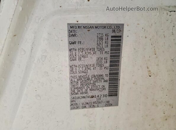 5N1DR2MN7HC914230 2017 NISSAN PATHFINDER White Widok naklejki z numerem VIN