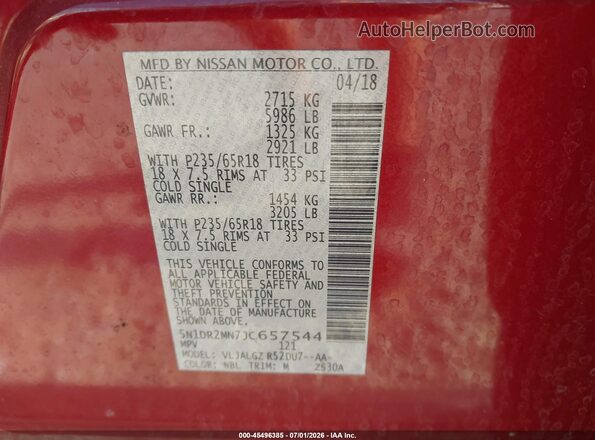 5N1DR2MN7JC657544 2018 NISSAN PATHFINDER Red Engine compartment view
