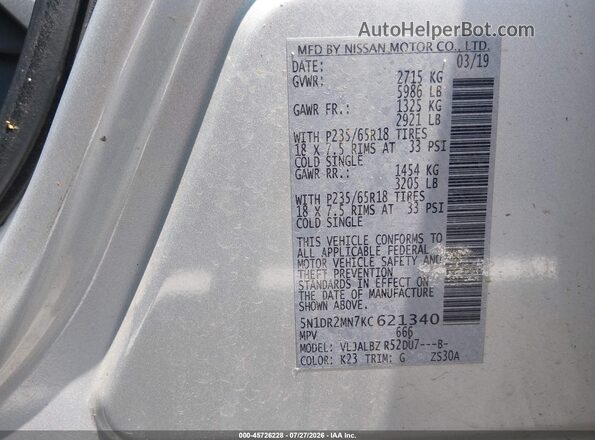 5N1DR2MN7KC621340 2019 NISSAN PATHFINDER Серый Вид подкапотного пространства