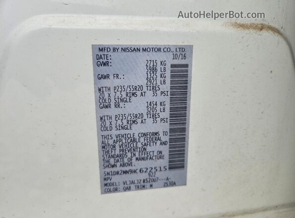 5N1DR2MN9HC622515 2017 NISSAN PATHFINDER White VIN sticker view