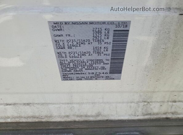 5N1DR2MN9KC587546 2019 NISSAN PATHFINDER White VIN կոդի պիտակի տեսք