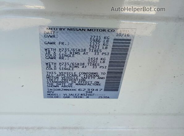5N1DR2MNXHC623947 2017 NISSAN PATHFINDER White VIN კოდის სტიკერის ხედი