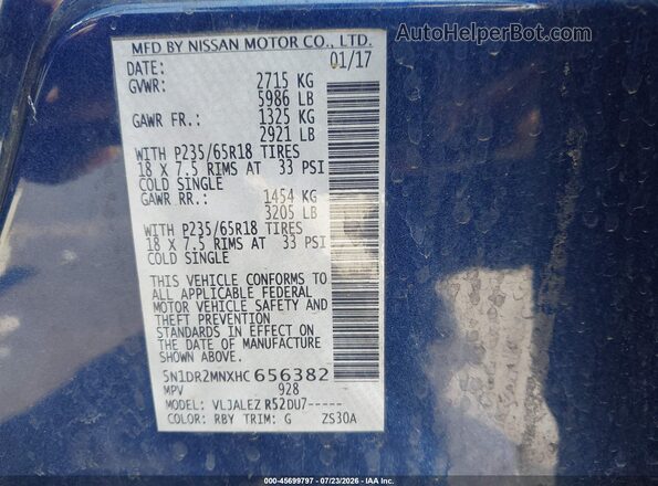 5N1DR2MNXHC656382 2017 NISSAN PATHFINDER Blue Vista del compartimento del motor