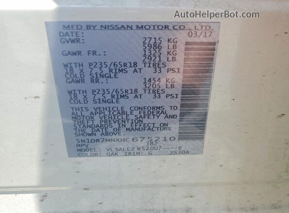 5N1DR2MNXHC675210 2017 NISSAN PATHFINDER White VIN sticker view