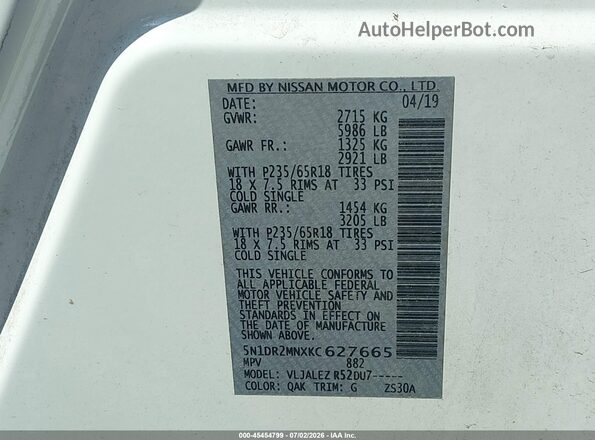 5N1DR2MNXKC627665 2019 NISSAN PATHFINDER White Engine compartment view