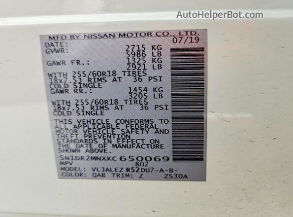 5N1DR2MNXKC650069 2019 NISSAN PATHFINDER White Widok naklejki z numerem VIN