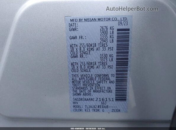 5N1DR3AA4RC216151 2024 NISSAN PATHFINDER Silver Widok komory silnika