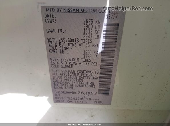 5N1DR3AA4RC269853 2024 NISSAN PATHFINDER White Вид підкапотного простору